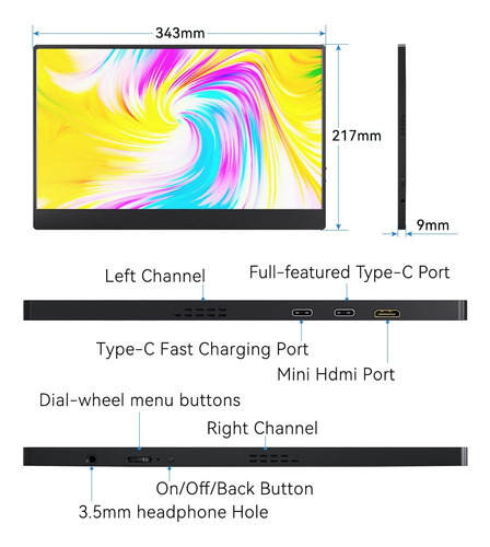 Ayy Monitor Portátil 15 Fhd 1080p Usb-c Ips Hdmi