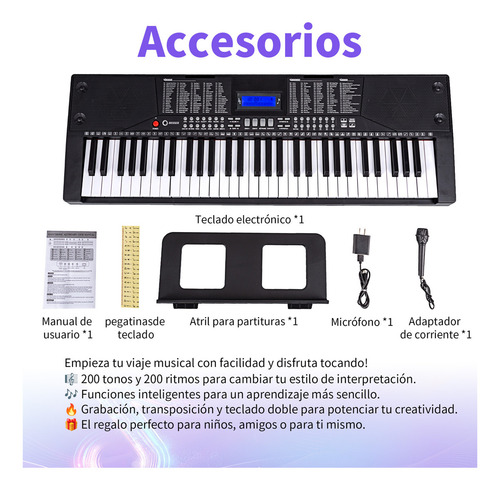 Besser Teclado 61 Teclas Bluetooth Midi Piano Electrónico con Sensibilidad al Tacto 200 Tonos y Ritmos Modo Doble Altavoces Estéreo Portátil Compatible con App y Usb Negro