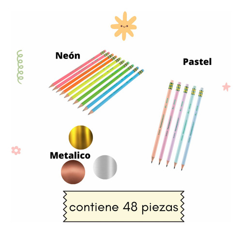 Lápiz De Grafito Color Pastel Neón Metálico Pack 48 Piezas