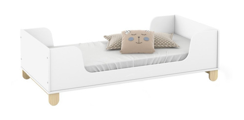  Mini Cama Laqueada Blanco Y Madera Natural Con Colchon 