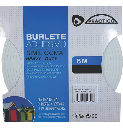 Burlete Práctico Adhesivo Simil Goma 15x6mm Blanco 6 Metros