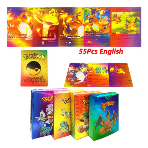 Mazo Carta Pokémon Coleccionable Hologramado 55 Pcs Metálico Multicolor Inglés