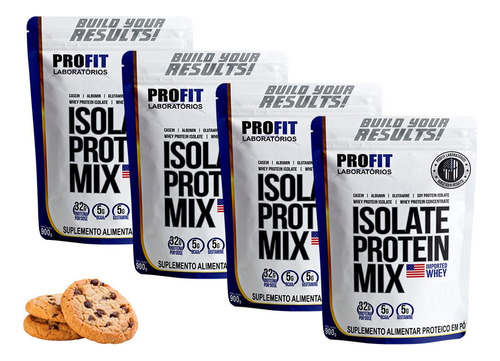 Combo 4x Whey Isolate Protein Mix Profit 900g - Total 3,6kg Sabor Cookies And Cream