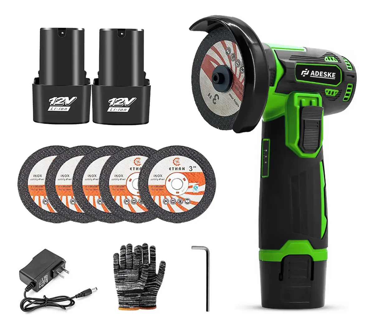 Mini Esmeriladora Inalambrica Esmeril Angular Adeske color verde 12 V +5 discos de lijado + 2 baterías