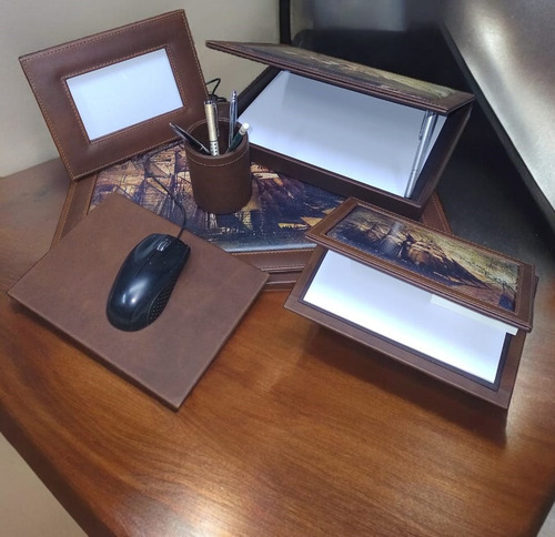 Juego Para Escritorio Estampado Barco Velas Piel Vacuno