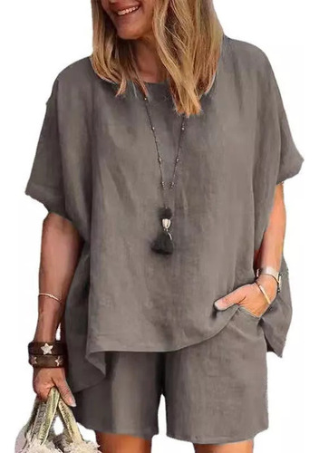 Conjunto De Top Suelto Y Pantalón Corto De Algodón Y Lino