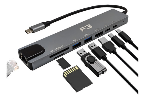 Adaptador Hub Tipo-c 8 Em 1 Hdmi 4k Lan Usb 3.0 Sd/tf Type-c