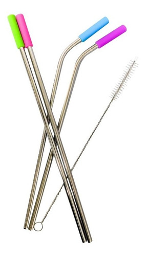 Set De 4 Popotes De Acero Inoxidable Con Puntas De Silicon, Marca Zerostraws