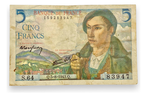 Hermoso Billete Francés De 5 Francos Año 1943 (Usado)