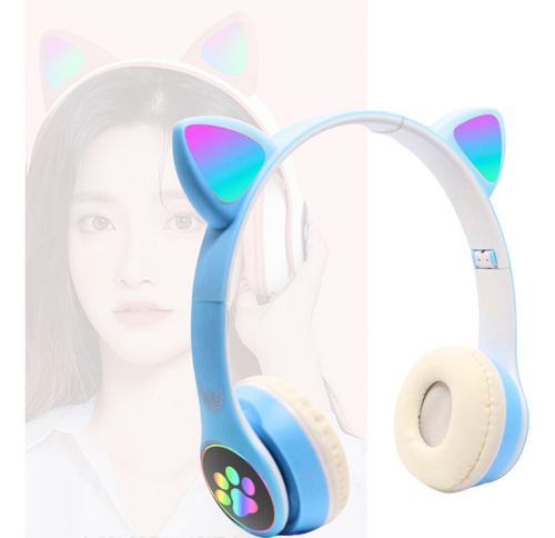Auriculares Bluetooth para niños, gatitos, LED para niños y niñas, color azul claro y blanco