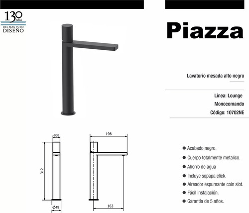 Combo Grifería Piazza Lounge Negro Lavat Alto+ Bidet Premium