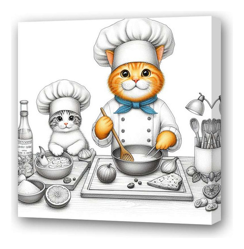 Cuadro 20x20cm Gato Chef Cocina Dibujo Cook Cat M3