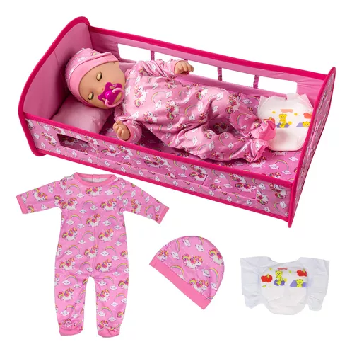 Set De Muebles Para Muñeca Bebé Accesorios Cuna Y Ropa