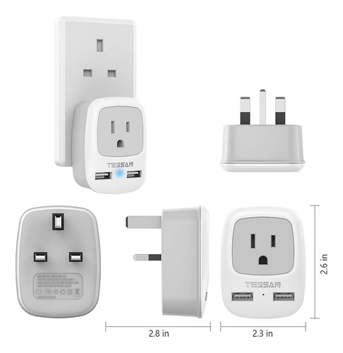 Adaptador De Enchufe De Viaje Tessan Tipo G Con 2 Usb Para N