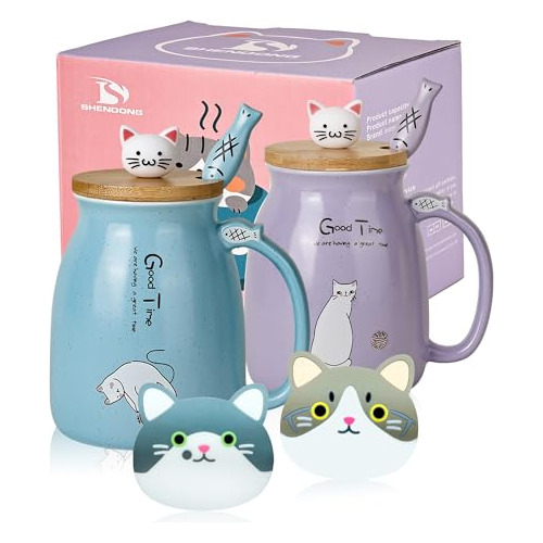 Shendong 2 Pack Cat Mugs Cute Ceramic Coffee Cups Set Rmggg