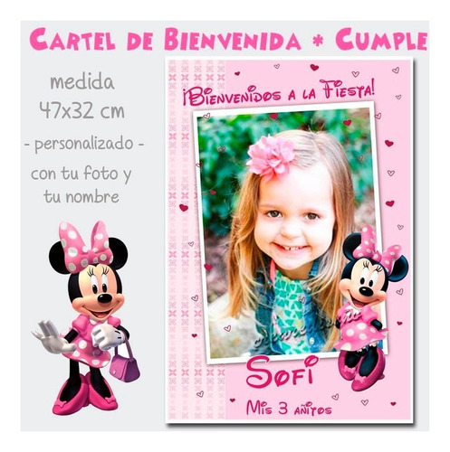 Divino Cartel De Cumpleaños Bienvenida Minnie Rosa C/foto