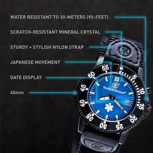 Relógio Smith & Wesson Sww-455-Emt Sww-455-Emt 3atm com pulseira Ban, cor preta, cor da moldura, movimento da moldura, cor de fundo de quartzo, azul