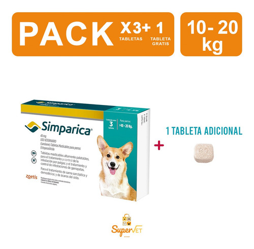Imagen 1 de 1 de Antipulgas Masticable Para Perro Simparica 40mg 10-20kg 3+1