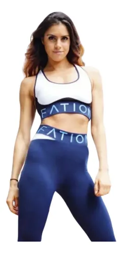 Conjunto Deportivo Lycra Tiro Alto + Crop Top Blanco Azul