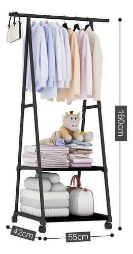 Perchero Organizador Rack De Ropa, Closet Zapatero Cn Ruedas Color Negro