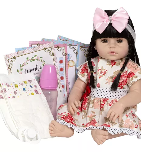 Boneca Estilo Bebê Reborn Real Baby Alive Menina Morena 52cm