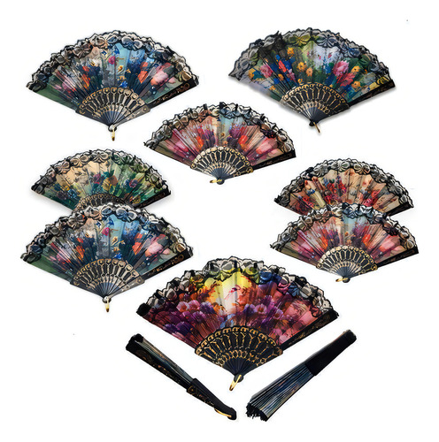 Kit 8 Leque Para Festa Estampa Floral Com Renda