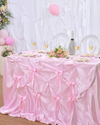 Diy Mantel De Fiesta De Satén Con Lazos Y Perlas 90cmx90cm Color Rosa