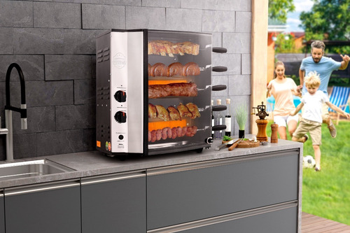 Churrasqueira Automática A Gás Giratória Inox Bivolt Preta