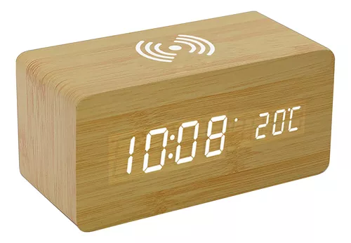 Reloj Despertador con Cargador Inalámbrico Marrón PVC Madera MDF 15 x 7,5 x  7 cm (12 Unidades) 