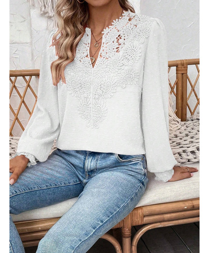 Camiseta Manga Larga Encaje Con Cuello En V Moda Para Mujer