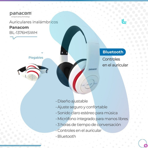 Imagen 2 de 7 de Auriculares Panacom Bl-1376hswh Vincha Bluetooth Blanco Full