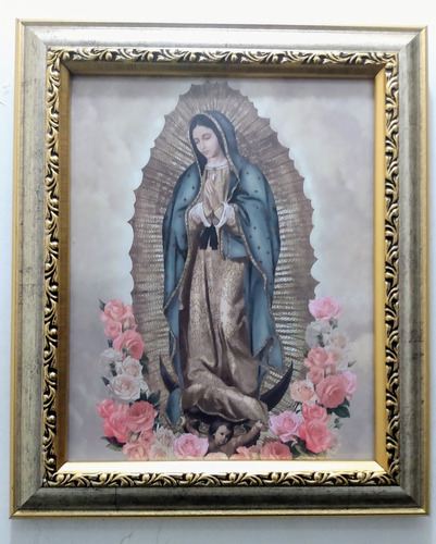 Virgen De Guadalupe Con Rosas Enmarcado En Plata Y Oro 