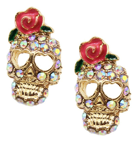 Moda Tono De Oro Mujeres Chicas Cristal Rose Skull Ear Stud