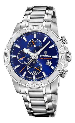 Reloj Festina F20704.2 Hombre Cronografo Acero Inox Azul Malla Plateado Bisel Plateado