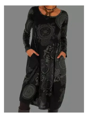 Vestido Estilo Étnico Estampado Con Jersey Otoño E Invierno