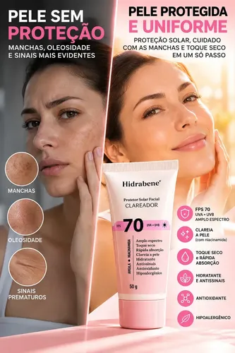 Hidrabene Protetor facial Solar FPS 70 Toque Seco Antissinais Clareia a pele 50g