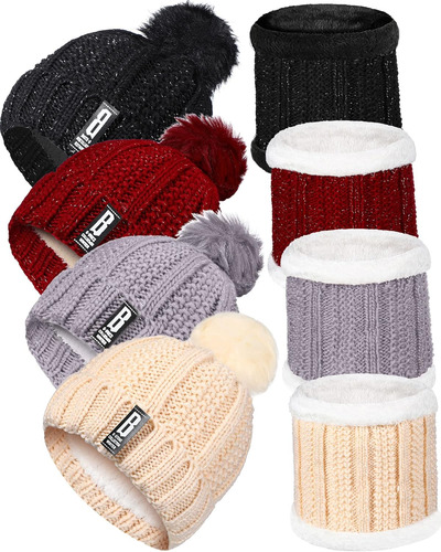 Paquete 8 Gorros Y Bufandas Punto Invierno Suaves Con Forro