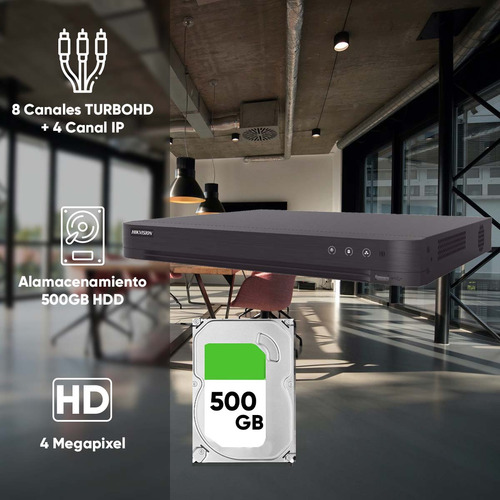 Hikvision Kit Dvr 8 Canales Turbohd + 4 Canales Ip 4 Megapixel + 500gb Hdd Ds-7208hqhi-k1-500 Con 1 Bahía De Disco Duro + 1 Canal De Audio Y Vídeoanálisis