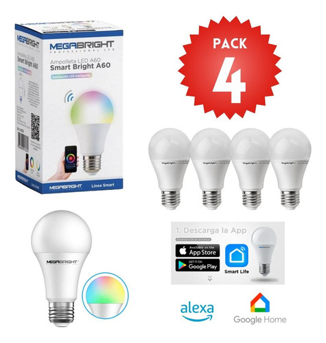 Imagen 3 de 8 de Pack 4 Ampolletas Smart Wifi A60 Google Home Alexa