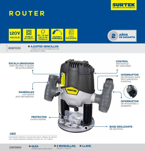 Router Para Madera Surtek Rr612 Con Potencia De 1200 W V Meses Sin 