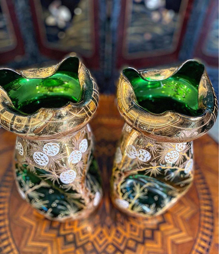 Par De Vasos Em Cristal De Murano Veneziano Verde (Usado)