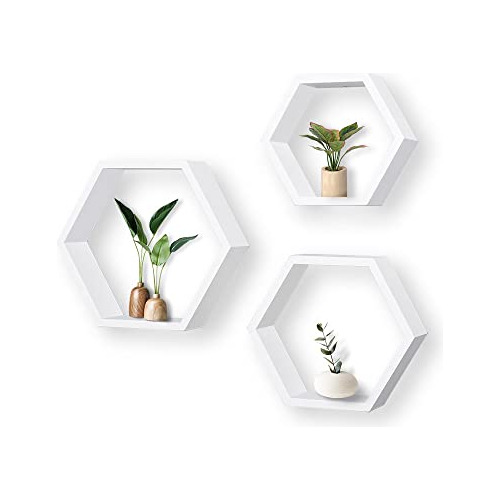 Juego De 3 Estantes Flotantes Hexagonales Blancos, Orga...