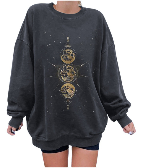 Q Tops Holgados Vintage Con Estampado De Sol Y Luna Para Muj Q Tops Holgados Vintage Con Estampado De Sol Y Luna Para Muj