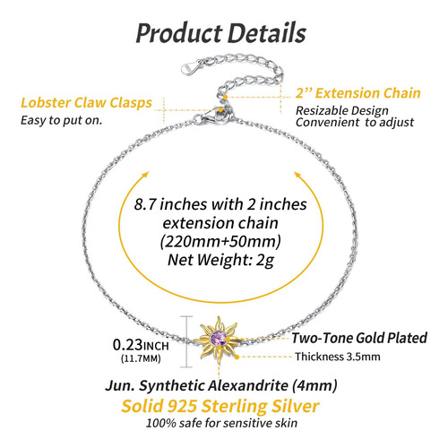 Tornozeleira Chicsilver Sun June Birthstone Para Mulheres Pu