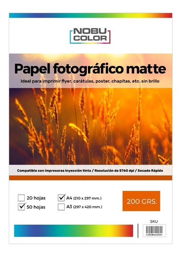 Papel Fotográfico Matte Nobucolor A4 200 Gr. 50 Hojas