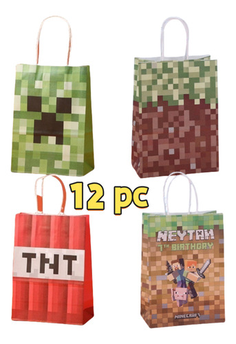 12 Bolsas Regalo Papel Fiesta Temática Minecraft Recuerdos Verde