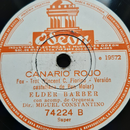 Pasta Elder Barber Con Orquesta Constantino Odeon C61 