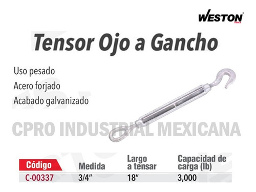 Tensor Ojo A Gancho 3/4´´ Largo A Tensar 18´´ Cap. 3,000 Lb