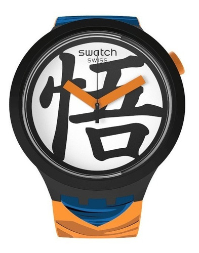 Reloj pulsera Swatch Goku x Swatch con correa de silicona color naranja - fondo blanco - bisel negro