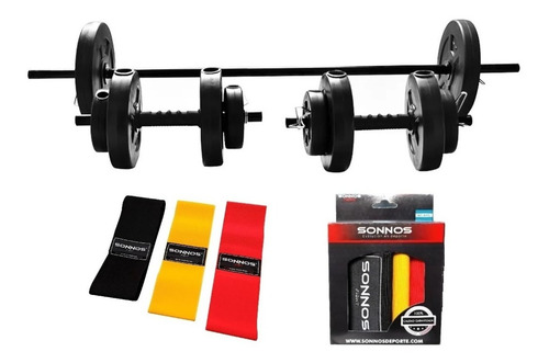 Kit 24 Set 2 Mancuernas + 24 Kg. Discos Pvc Negro Color Kit 24 + KIT BANDAS CIRCULARES TELA